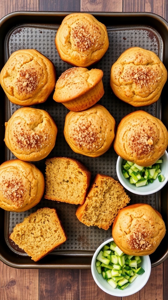 Freshly baked sourdough zucchini muffins on a wooden tray, some broken open to show the texture.